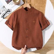 Solid Colours Shirts Shein Tween Boys Stand Collar Solid Color Sleeve Shirt - Spring/Summer
