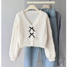 White Cardigans Shein Girls Colorblock Bow Decor Long Sleeve Cardigan - White