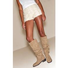 PrettyLittleThing Faux Suede Low Heeled Ruched Knee High Boot - White