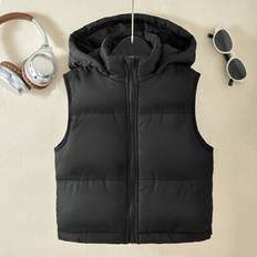 Black Padded Vests Children's Clothing Shein Tween Girls Casual Stand Collar Hooded Vest - Autumn/Winter