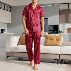 Men - Red Pyjamas Shein Striped Jersey Pajamas Set With Color-Block Trim