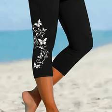 Blommiga - Dam Leggings Temu High-waisted Capri Leggings With Floral Print - Black