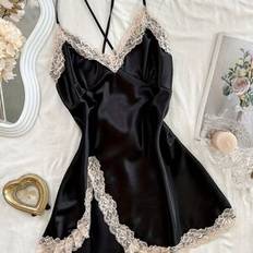 Polyester Nattlinnen Temu Sexy V-Neck Slip Nightgown Lace Trim Sleeveless Sleep Dress - Solid Color