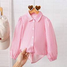 Girls Blouses & Tunics Children's Clothing Shein Young Girl Striped Print Bow Decor Long Sleeve - Pink