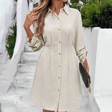 Shein Women Linen Long Sleeve Khaki Shirt Dress - Khaki