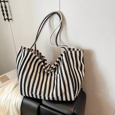 Shein Retro Chic Striped Canvas Tote Bag Large Capacity - Korean