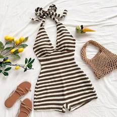 Stripes - Women Jumpsuits & Overalls Shein Vacation Striped Knit Textured Deep V Neck Tie Jumpsuit - Red White