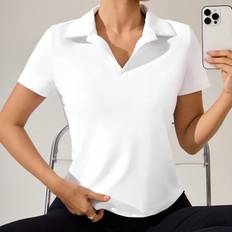 Tennis - Women Polo Shirts Shein Solid White V-Neck Sports Polo Shirt