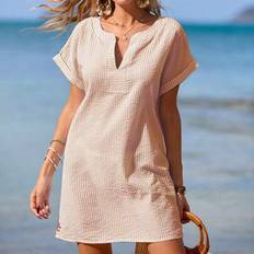 Stripes - Women Swimsuit Cover-Ups & Sarong Wraps Shein Striped Loose Casual Beach Cover Up Short Sleeve