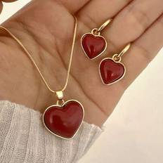 Red - Women Jewellery Sets Shein 3pcs Fashionable Elegant Red Heart Pendant Necklace Earrings - Daily Wear