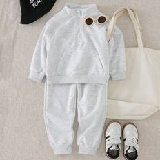 Shein Young Boy Toddler Collar Half Zip Pocket Sweatshirt Set - Gray
