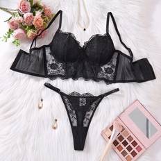 Lingerie Sets Shein Elegant Black Lace Three-Piece Lingerie Set With Sheer Floral