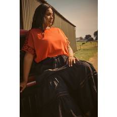 Orange T-shirts Yours Curve Rust Orange Crochet Sleeve Boxy T-Shirt - Orange