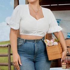 Corduroy Blouses Shein Plus Size Elegant Minimalist Ruffle Trim Puff Sleeve - Solid Color