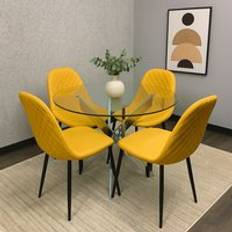 Chrome Dining Sets Kosy Koala Round Glass Table with 4 Mustard Leather Chairs Dining Set