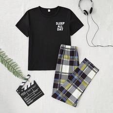 Shein Teenage Boys Casual Gentleman Plaid Pants Short Sleeve - Solid Color