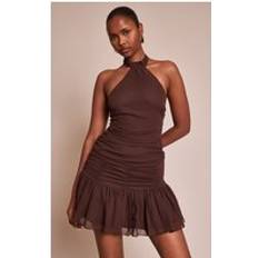 PrettyLittleThing Chiffon Halter Neck Mini Shift Dress - Chocolate