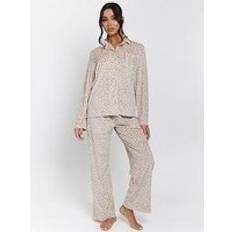 Pyjamas Leopard Ribbed Long Sleeve Top Trousers Pyjamas - Beige