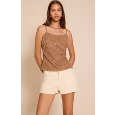 Sequins Tank Tops PrettyLittleThing Textured Sequin Detail Strappy Cami - Mushroom