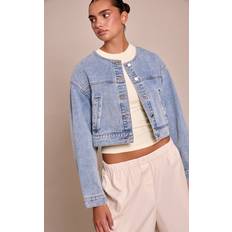 Cropped denim jacket PrettyLittleThing Collarless Cropped Denim Jacket - Mid Blue