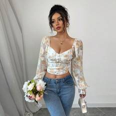 Tie Dye - Women Blouses Shein Sweetheart Collar Long Sleeve Tie Dye Printed Blouse - Suitable