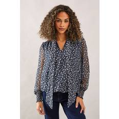 Natural Blouses Wallis Floral Tie Neck Shirred Blouse - Navy