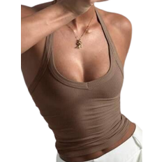 Fitness & Gym - Women Tank Tops Shein Casual Sexy Versatile Backless Halter Neck Ribbed Tank Top