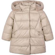 Girls Beige Hooded Puffer Coat With Faux Fur Trim