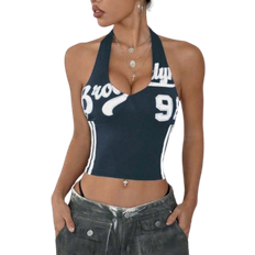 Shein StreetHx Streetwear Women's Fashionable Color Block 98 Number & Letter Print Deep V-Neck Halter Vest
