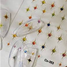 Shein 1set Golden Silvery Star Laser Colorful Glitter Starlight Sparkle Rhinestones Relief Nail Art Decorations Stickers Manicure Decals