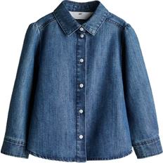 Flickor Skjortor Barnkläder H&M Puff Sleeved Denim Blouse - Denim Blue (1249002001)