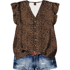 Shein EMERY ROSE Plus Size Women's Daily Casual Vacation Pink V-Neck Small Flying Sleeves Vacation Style Leopard Pattern Loose Shirt - Brown