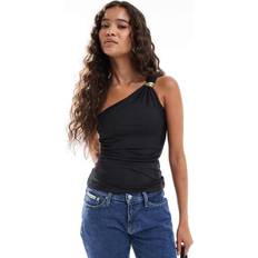 Elastane/Lycra/Spandex Blouses New Look Gold Ring Ruched One Shoulder Top - Black
