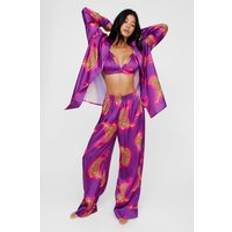 Purple - Women Pyjamas Nasty Gal Satin Leopard 3pc Shirt Bralette Pants - Purple