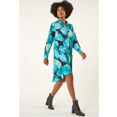 Shirt Dresses - Solid Colours Roman Abstract Print High Low Shirt Dress - Blue