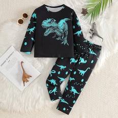 Boys Pyjamases Children's Clothing Shein Toddler Boys Cartoon Dinosaur Pattern Glow-In-The-Dark Long Sleeve Top Pants Set - Glow-In-The-Dark