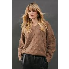 Warehouse Bubble Knit Slouchy V Neck Jumper - Beige
