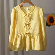 Yellow Shirts Shein Tween Girls Casual Urban Striped Bow Shirt