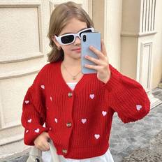 Girls - Red Cardigans Shein Tween Girls Casual Heart Pattern Oversized Drop Shoulder Long Sleeve Cardigan - Autumn/Winter