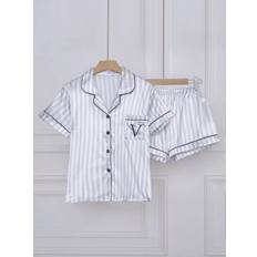 Silver Sleepwear Ibywind Striped Embroidered Letter Pocket Short Sleeve Set - Silver
