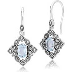 Topaz Earrings Gemondo Art Deco Style Oval Blue Topaz Marcasite Drop Earrings - Sterling Silver
