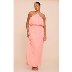 PrettyLittleThing Plus Peach Chiffon Halter Neck Maxi Dress - Orange