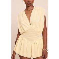 PrettyLittleThing Chiffon V Neck Shirred Waist Frill Playsuit - Lemon