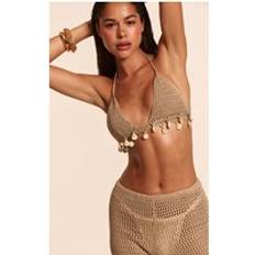 Grey Bikini Tops PrettyLittleThing Stone Crochet Shell Trim Triangle Bikini Top - White