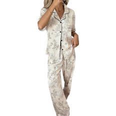 Shein Dream Adore Floral Tree Rabbit Print Short Sleeve Pants Collar Pajama Set