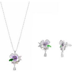 Silver Jewellery Sets Spero London Pansy Violet Floral Necklace Earring Set - Sterling Silver
