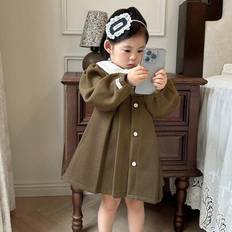 Green Cardigans Children's Clothing Shein Baby Girls Vintage Lapel Long Sleeve Woolen Cardigan Jacket - Autumn/Winter