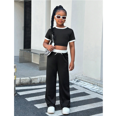Black Other Sets Children's Clothing Shein Tween Girl Knit Contrast Trim Round Neck Short Sleeve Sports Set