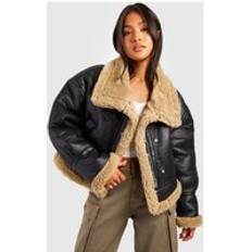 boohoo Petite Teddy Trim Aviator Jacket - Black