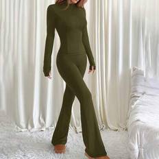 Shein Women Casual Military Green Long Sleeve Top Flare Pants Set